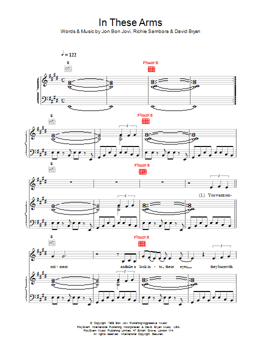 Bon Jovi In These Arms sheet music notes and chords arranged for Piano, Vocal & Guitar Chords