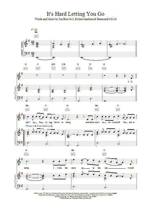 Bon Jovi It's Hard Letting You Go sheet music notes and chords arranged for Piano, Vocal & Guitar Chords
