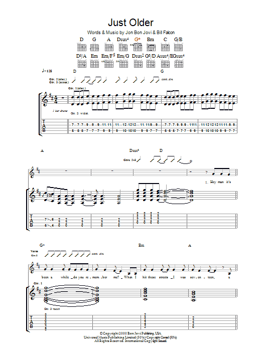 Bon Jovi Just Older sheet music notes and chords arranged for Guitar Tab