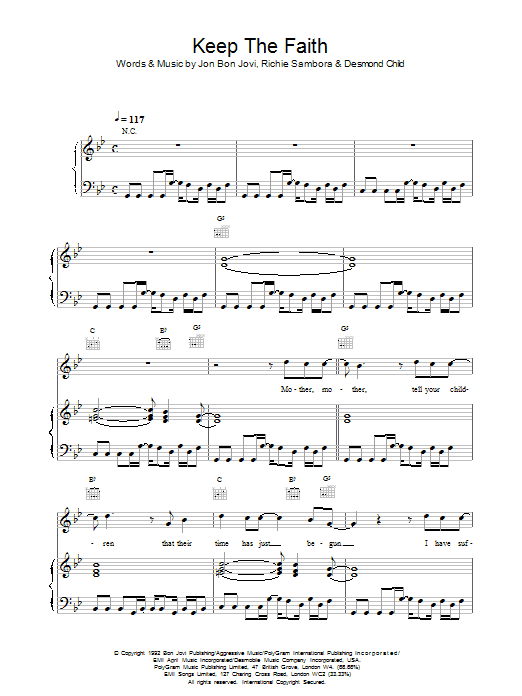 Bon Jovi Keep The Faith sheet music notes and chords arranged for Piano Chords/Lyrics