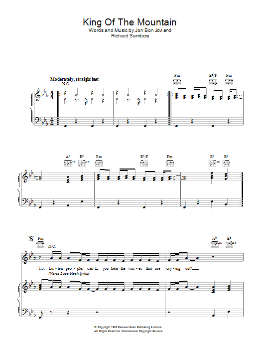 Bon Jovi King Of The Mountain sheet music notes and chords arranged for Piano, Vocal & Guitar Chords