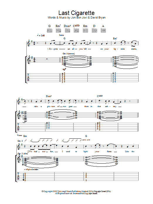 Bon Jovi Last Cigarette sheet music notes and chords arranged for Guitar Tab