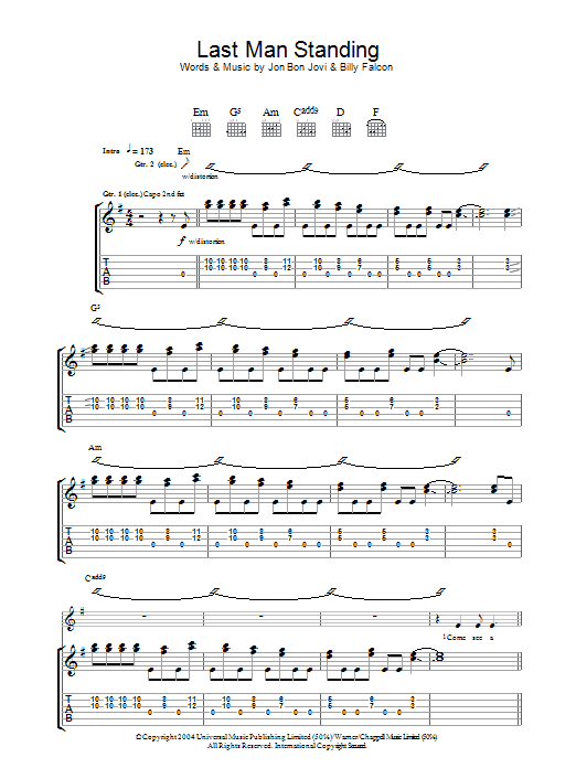 Bon Jovi Last Man Standing sheet music notes and chords arranged for Guitar Tab