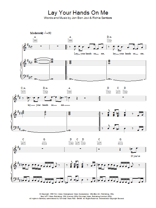 Bon Jovi Lay Your Hands On Me sheet music notes and chords arranged for Piano, Vocal & Guitar Chords (Right-Hand Melody)
