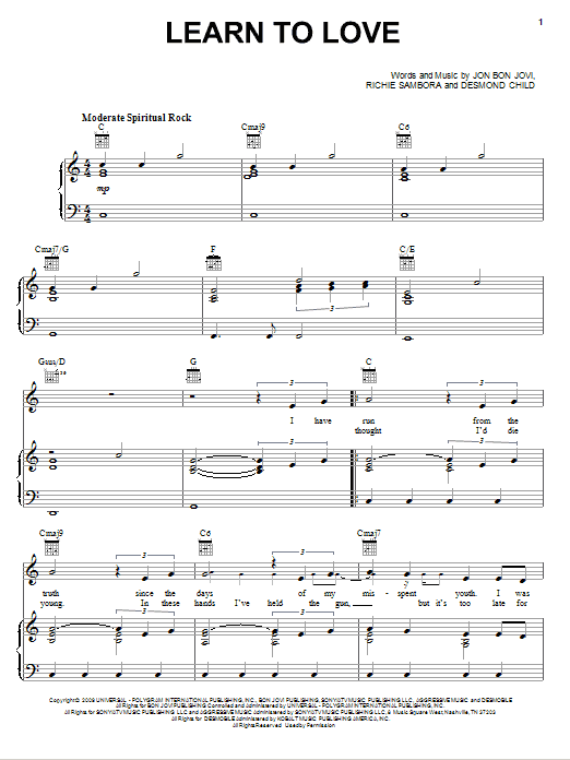 Bon Jovi Learn To Love sheet music notes and chords arranged for Piano, Vocal & Guitar Chords (Right-Hand Melody)