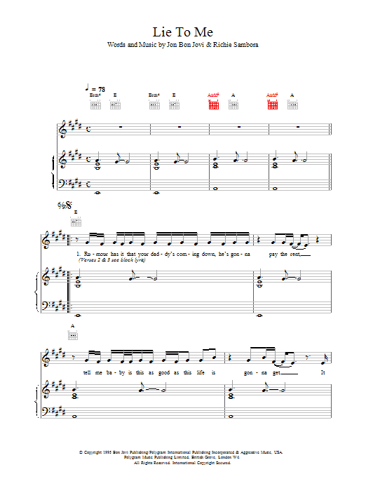 Bon Jovi Lie To Me sheet music notes and chords arranged for Piano, Vocal & Guitar Chords