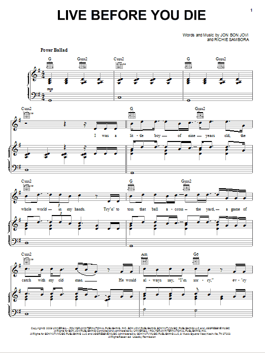 Bon Jovi Live Before You Die sheet music notes and chords arranged for Piano, Vocal & Guitar Chords (Right-Hand Melody)