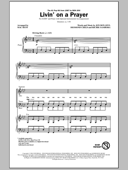 Bon Jovi Livin' On A Prayer (arr. Mac Huff) sheet music notes and chords arranged for SATB Choir