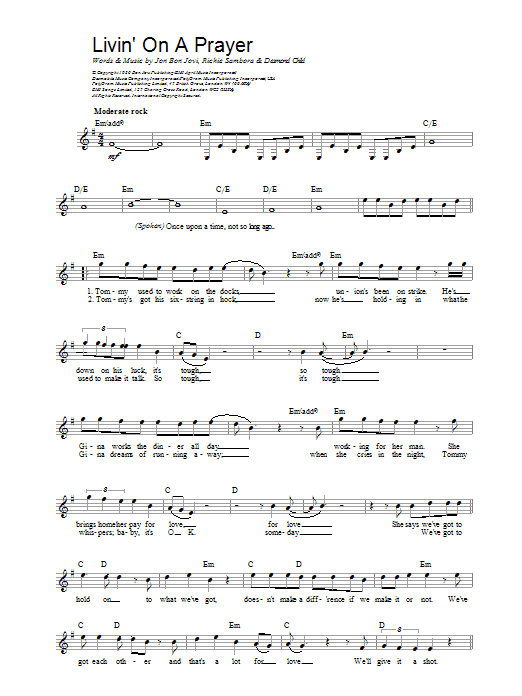 Bon Jovi Livin' On A Prayer sheet music notes and chords arranged for Guitar Chords/Lyrics
