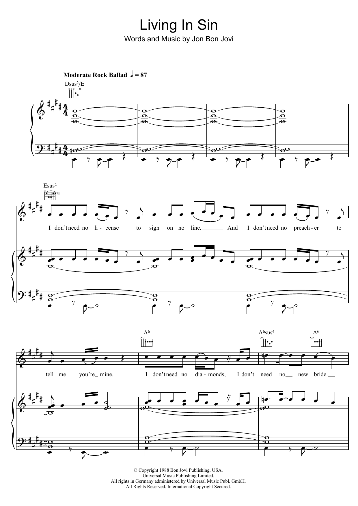 Bon Jovi Living In Sin sheet music notes and chords arranged for Piano, Vocal & Guitar Chords (Right-Hand Melody)