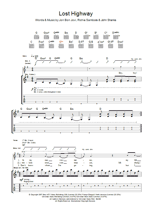 Bon Jovi Lost Highway sheet music notes and chords arranged for Piano, Vocal & Guitar Chords (Right-Hand Melody)
