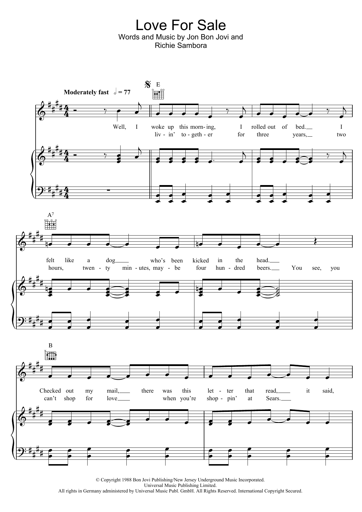 Bon Jovi Love For Sale sheet music notes and chords arranged for Piano, Vocal & Guitar Chords
