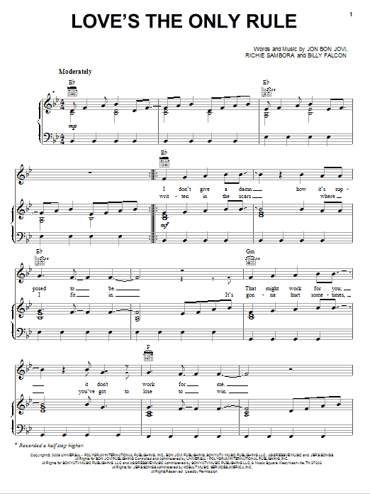 Bon Jovi Love's The Only Rule sheet music notes and chords arranged for Piano, Vocal & Guitar Chords (Right-Hand Melody)