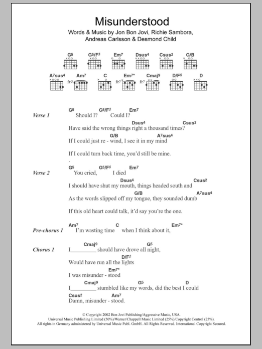Bon Jovi Misunderstood sheet music notes and chords arranged for Guitar Chords/Lyrics