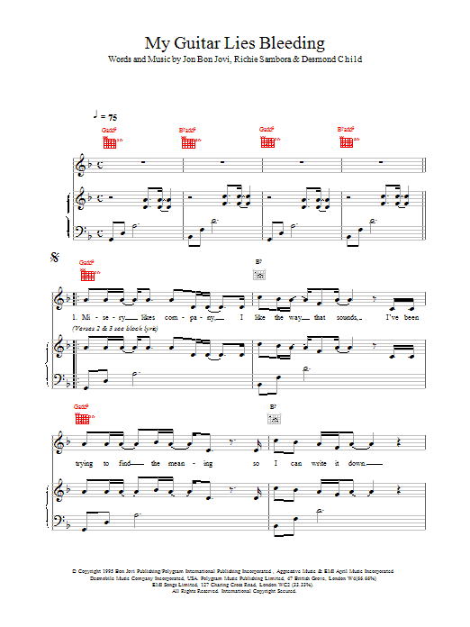 Bon Jovi My Guitar Lies Bleeding sheet music notes and chords arranged for Piano, Vocal & Guitar Chords