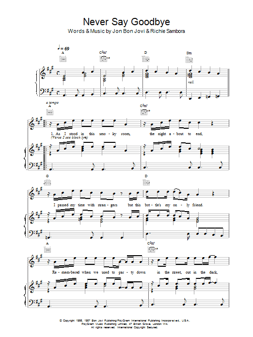 Bon Jovi Never Say Goodbye sheet music notes and chords arranged for Piano, Vocal & Guitar Chords (Right-Hand Melody)