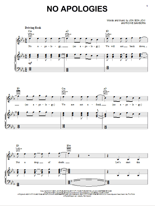 Bon Jovi No Apologies sheet music notes and chords arranged for Guitar Tab