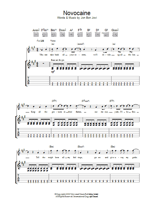 Bon Jovi Novocaine sheet music notes and chords arranged for Guitar Tab