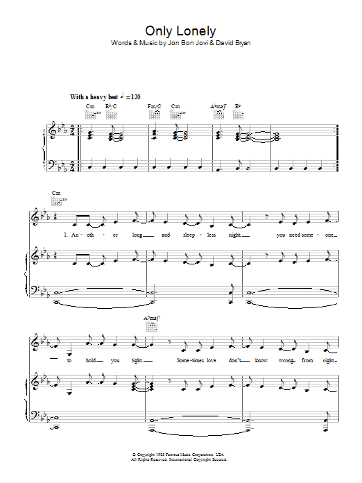 Bon Jovi Only Lonely sheet music notes and chords arranged for Piano, Vocal & Guitar Chords (Right-Hand Melody)