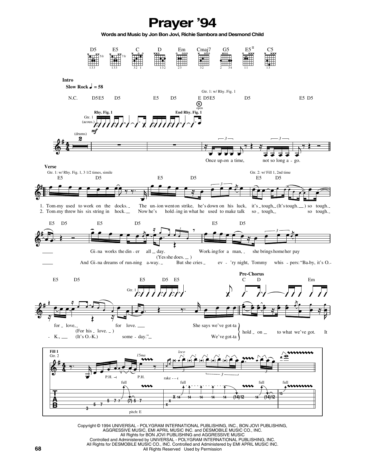 Bon Jovi Prayer '94 sheet music notes and chords arranged for Piano, Vocal & Guitar Chords (Right-Hand Melody)