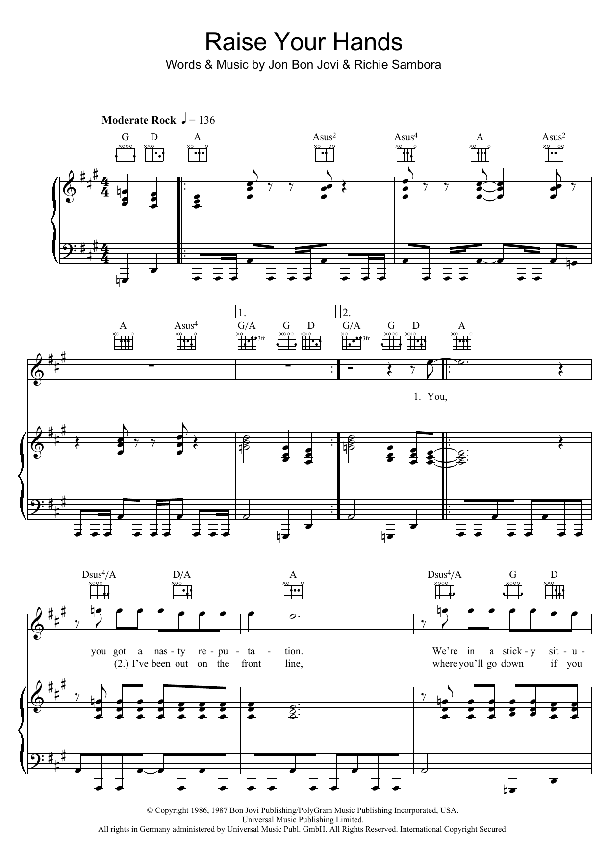 Bon Jovi Raise Your Hands sheet music notes and chords arranged for Piano, Vocal & Guitar Chords