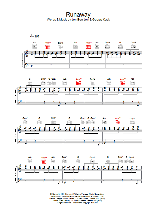 Bon Jovi Runaway sheet music notes and chords arranged for Piano, Vocal & Guitar Chords (Right-Hand Melody)