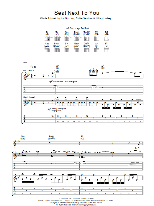 Bon Jovi Seat Next To You sheet music notes and chords arranged for Piano, Vocal & Guitar Chords (Right-Hand Melody)