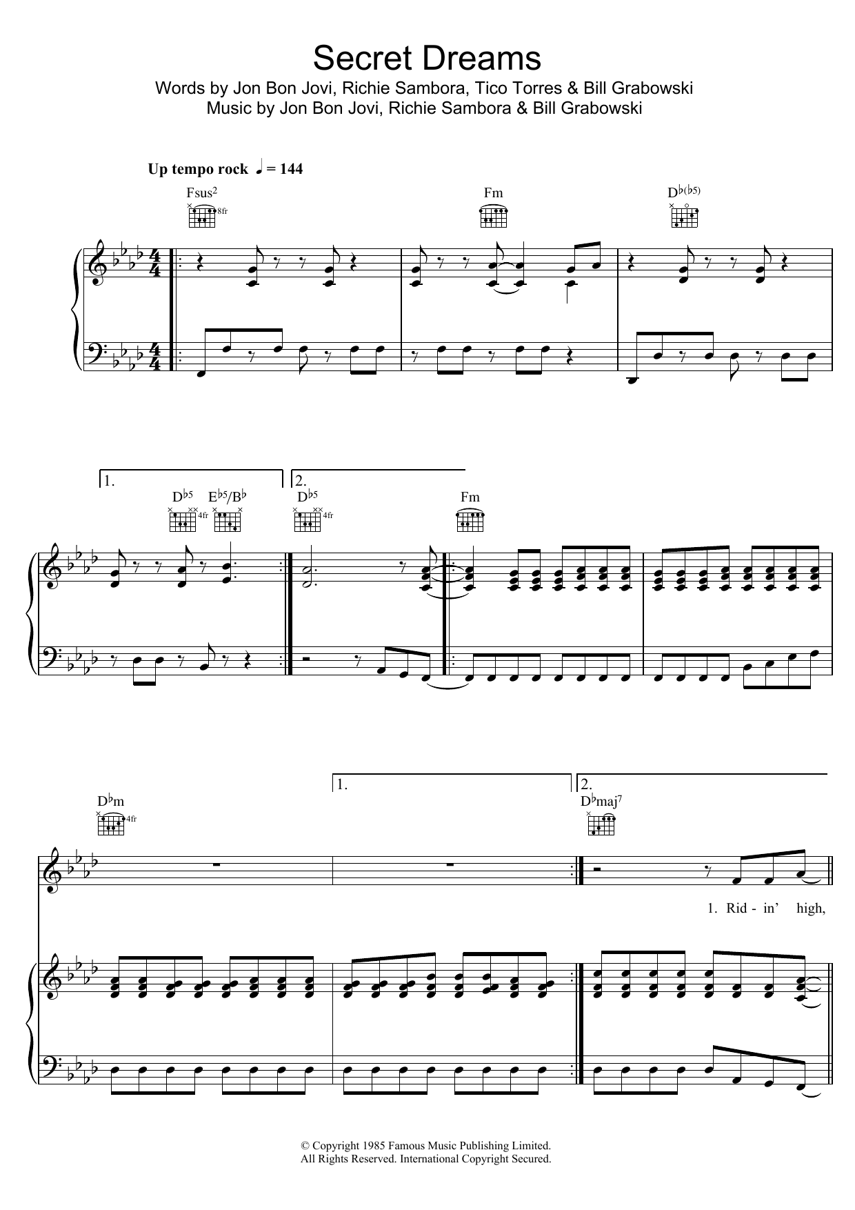 Bon Jovi Secret Dreams sheet music notes and chords arranged for Piano, Vocal & Guitar Chords