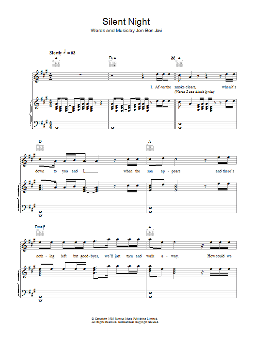 Bon Jovi Silent Night sheet music notes and chords arranged for Piano, Vocal & Guitar Chords
