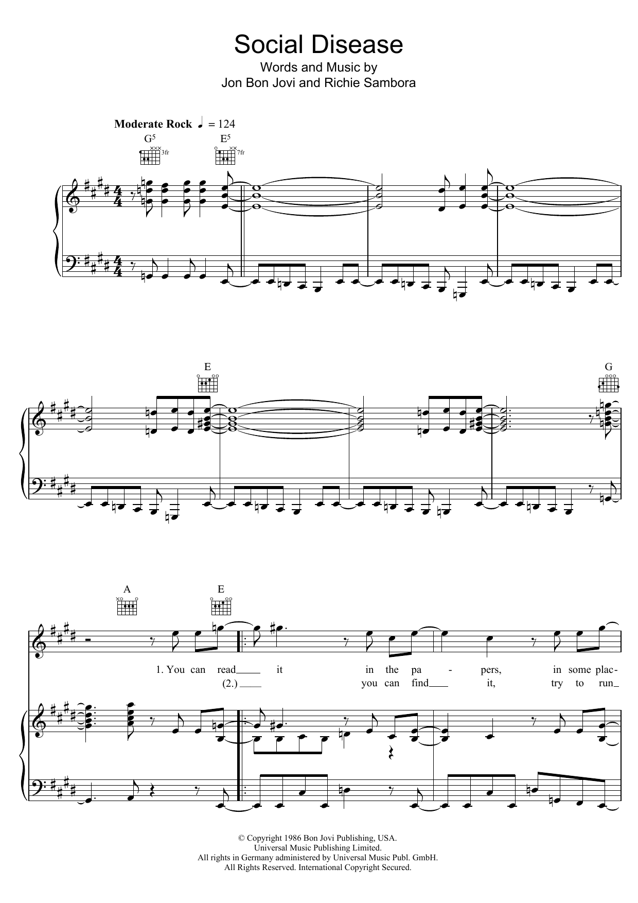 Bon Jovi Social Disease sheet music notes and chords arranged for Piano, Vocal & Guitar Chords