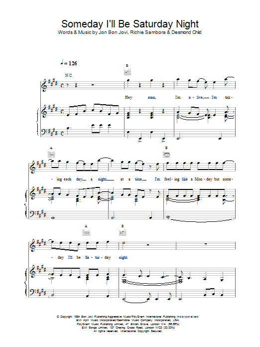 Bon Jovi Someday I'll Be SaturdayNight sheet music notes and chords arranged for Piano, Vocal & Guitar Chords