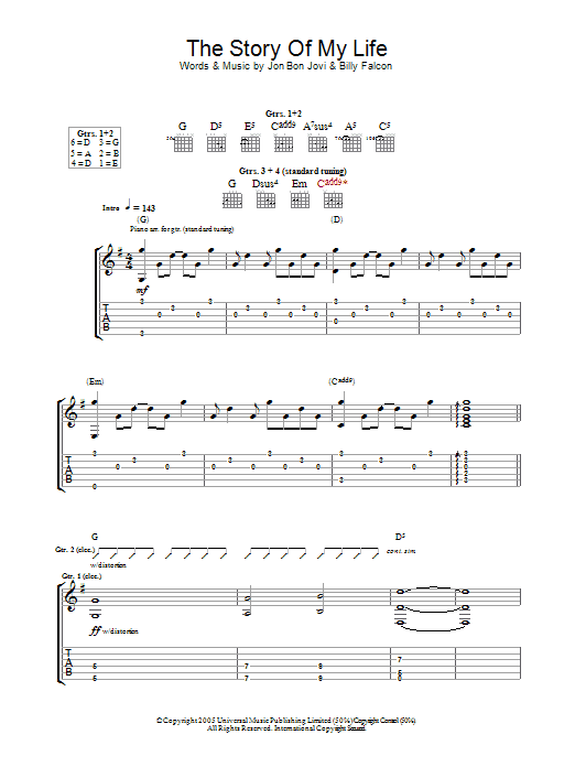 Bon Jovi Story Of My Life sheet music notes and chords arranged for Piano, Vocal & Guitar Chords (Right-Hand Melody)