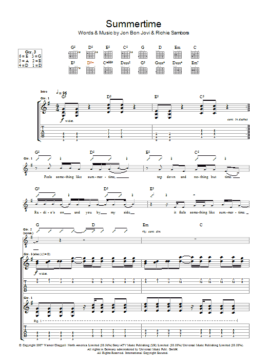 Bon Jovi Summertime sheet music notes and chords arranged for Piano, Vocal & Guitar Chords (Right-Hand Melody)