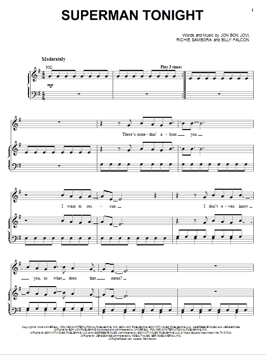 Bon Jovi Superman Tonight sheet music notes and chords arranged for Piano, Vocal & Guitar Chords (Right-Hand Melody)