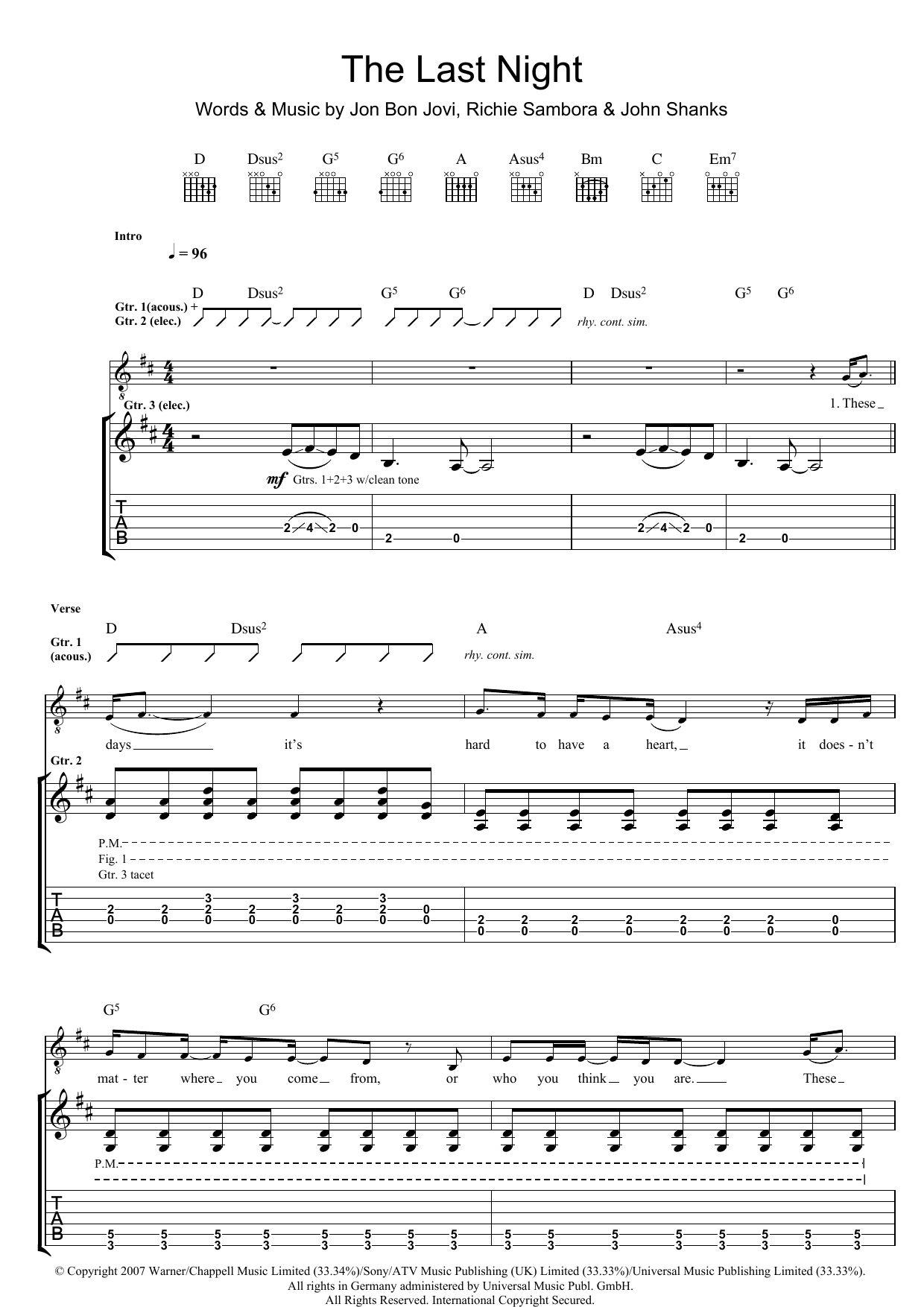 Bon Jovi The Last Night sheet music notes and chords arranged for Piano, Vocal & Guitar Chords (Right-Hand Melody)