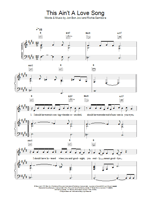 Bon Jovi This Ain't A Love Song sheet music notes and chords arranged for Piano, Vocal & Guitar Chords (Right-Hand Melody)