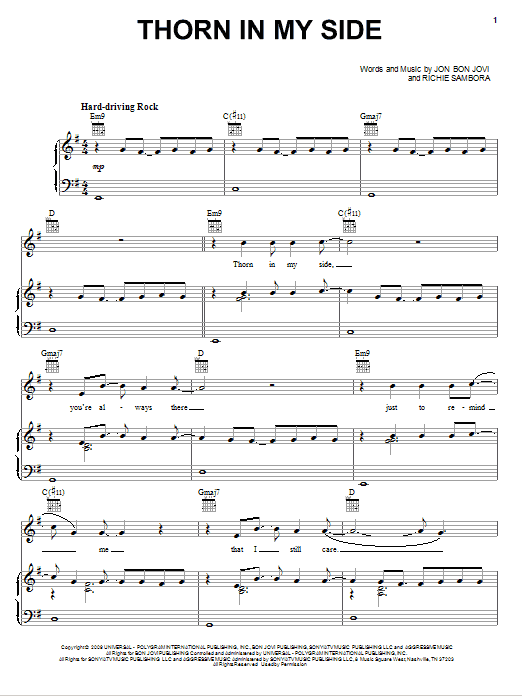 Bon Jovi Thorn In My Side sheet music notes and chords arranged for Piano, Vocal & Guitar Chords (Right-Hand Melody)