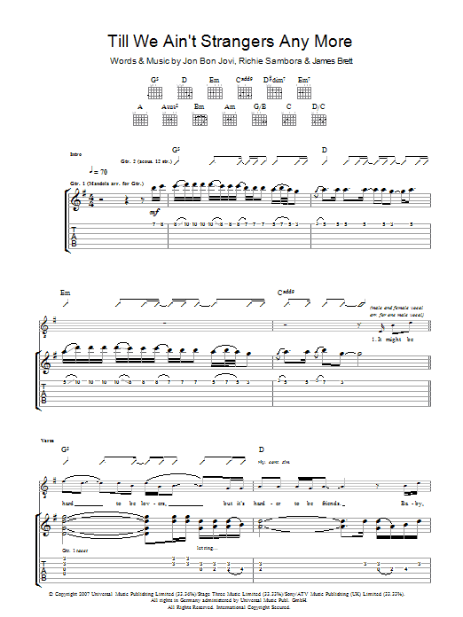 Bon Jovi Till We Ain't Strangers Anymore sheet music notes and chords arranged for Guitar Tab