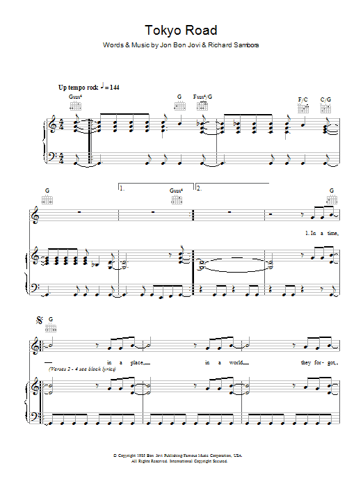 Bon Jovi Tokyo Road sheet music notes and chords arranged for Piano, Vocal & Guitar Chords