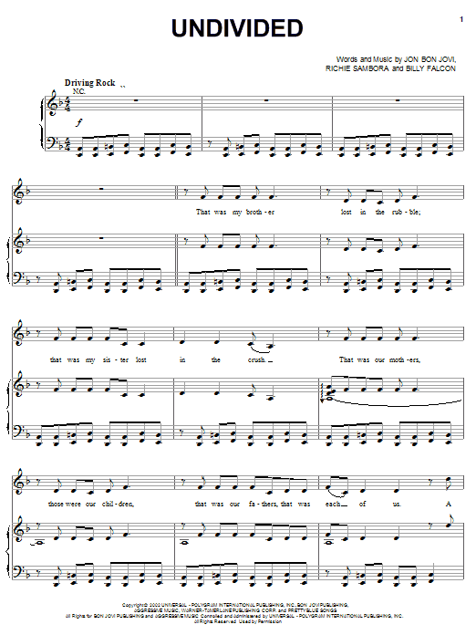 Bon Jovi Undivided sheet music notes and chords arranged for Piano, Vocal & Guitar Chords (Right-Hand Melody)