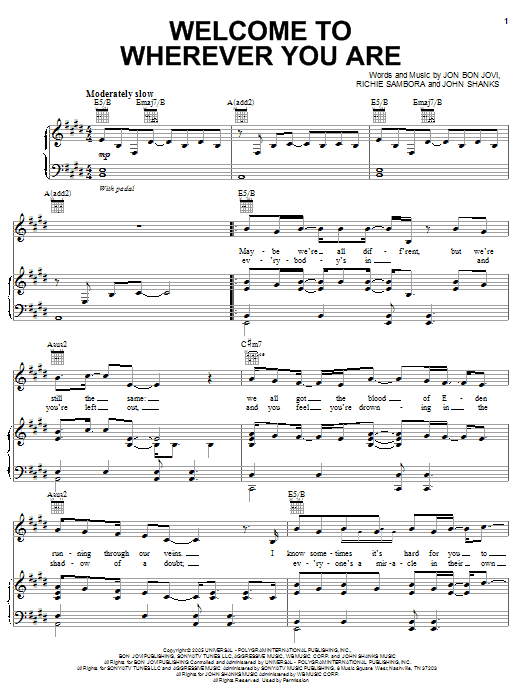 Bon Jovi Welcome To Wherever You Are sheet music notes and chords arranged for Piano, Vocal & Guitar Chords (Right-Hand Melody)