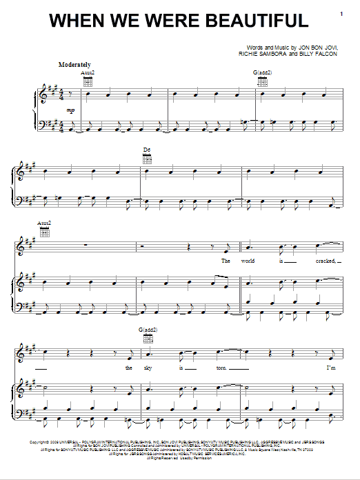 Bon Jovi When We Were Beautiful sheet music notes and chords arranged for Piano, Vocal & Guitar Chords (Right-Hand Melody)