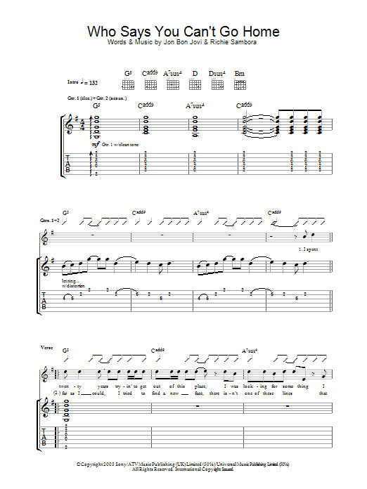 Bon Jovi Who Says You Can't Go Home sheet music notes and chords arranged for Guitar Tab