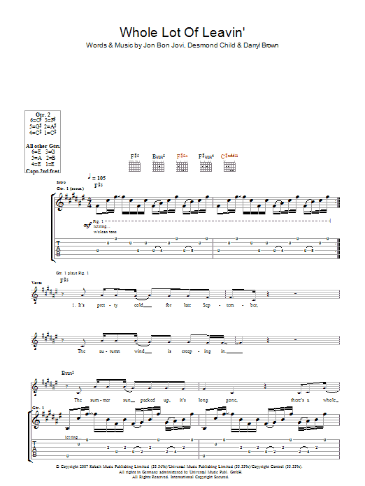 Bon Jovi Whole Lot Of Leavin' sheet music notes and chords arranged for Piano, Vocal & Guitar Chords (Right-Hand Melody)