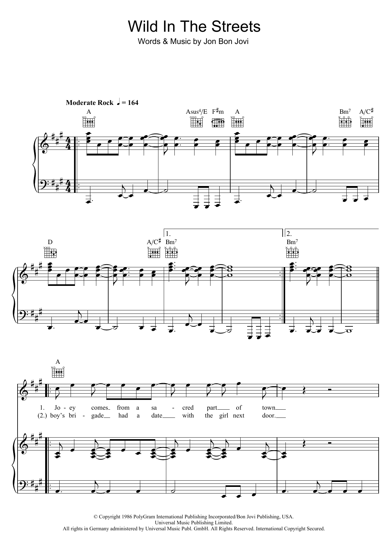 Bon Jovi Wild In The Streets sheet music notes and chords arranged for Piano, Vocal & Guitar Chords