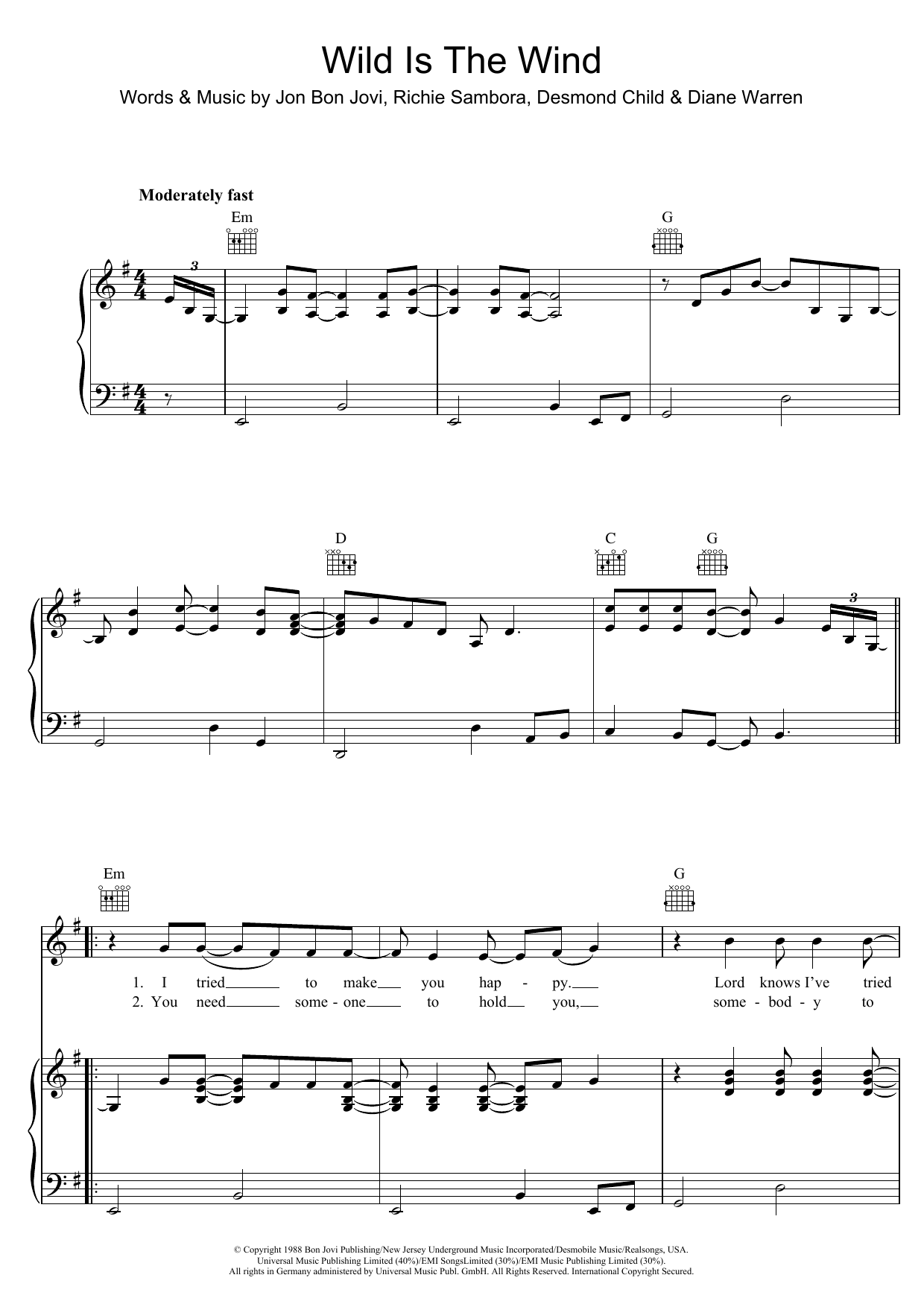 Bon Jovi Wild Is The Wind sheet music notes and chords arranged for Piano, Vocal & Guitar Chords