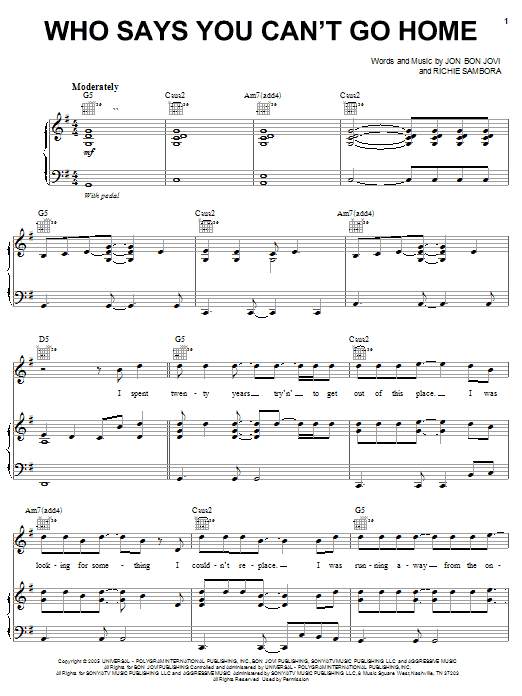Bon Jovi with Jennifer Nettles Who Says You Can't Go Home sheet music notes and chords arranged for Piano, Vocal & Guitar Chords (Right-Hand Melody)