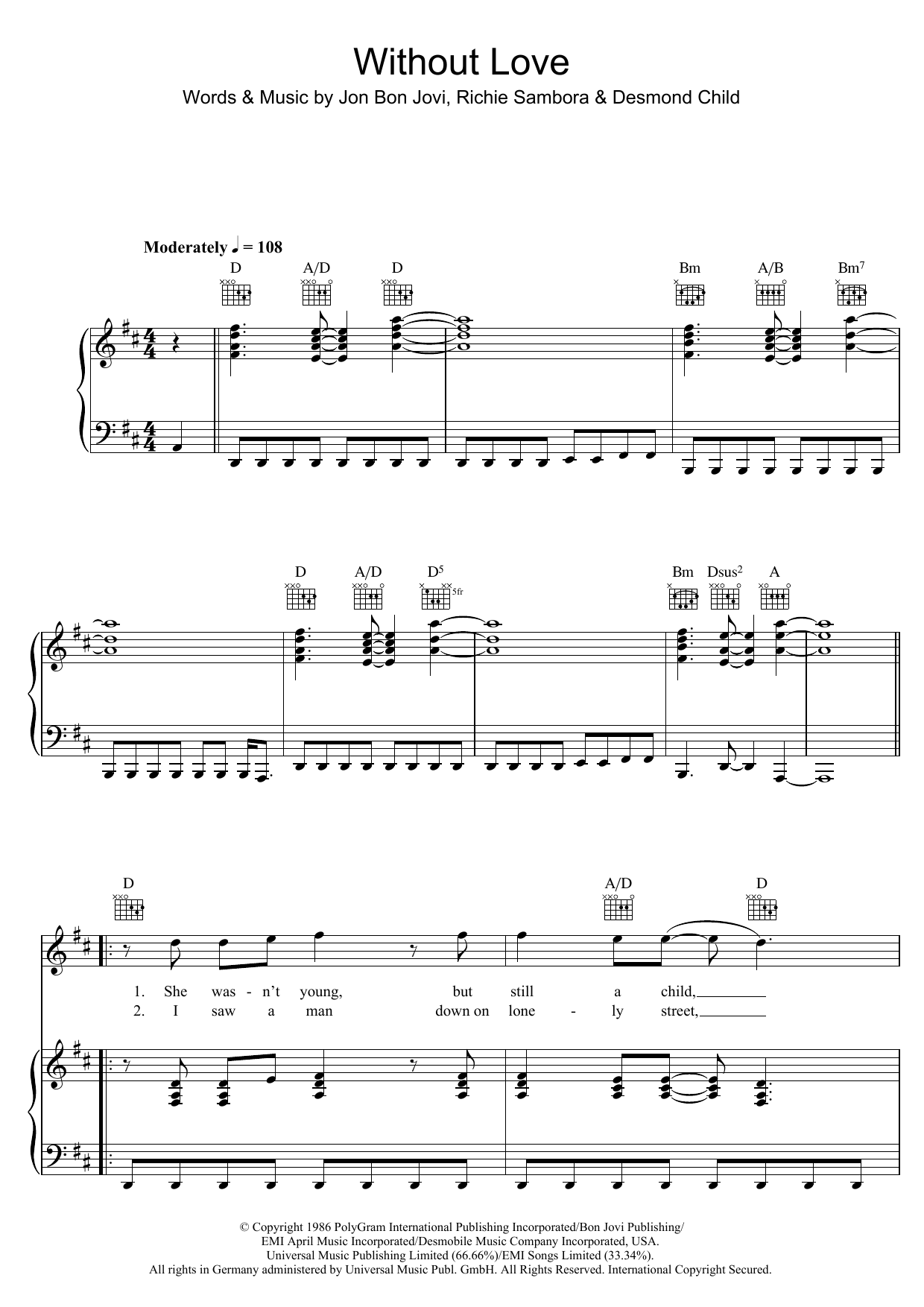 Bon Jovi Without Love sheet music notes and chords arranged for Piano, Vocal & Guitar Chords