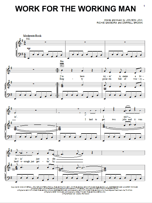 Bon Jovi Work For The Working Man sheet music notes and chords arranged for Piano, Vocal & Guitar Chords (Right-Hand Melody)