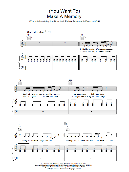 Bon Jovi (You Want To) Make A Memory sheet music notes and chords arranged for Guitar Tab